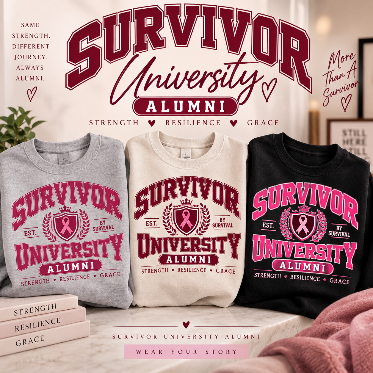 Survivor University Alumni sweatshirts in grey, cream, and black